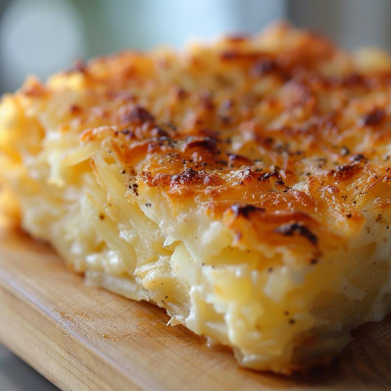 A close-up view of a golden hashbrown casserole on a light wood board, showcasing its crispy texture.