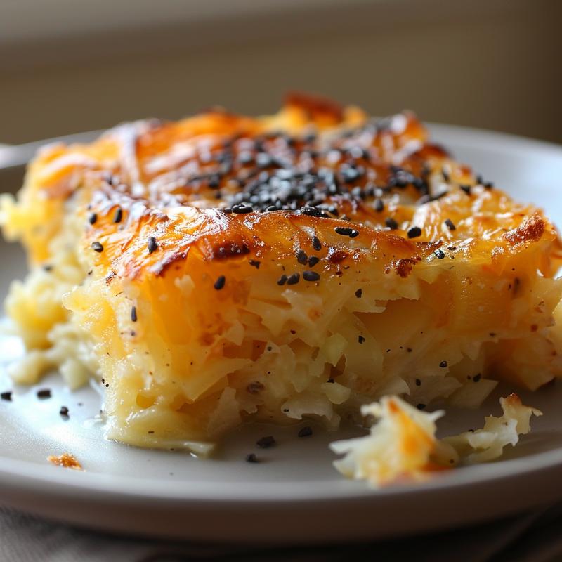 Close-up of a delicious hashbrown casserole on a light grey plate.