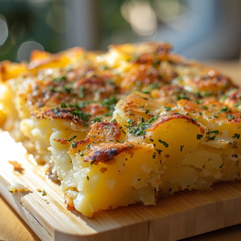 Close-up of a golden-brown portion of million dollar potato casserole on a wooden board.
