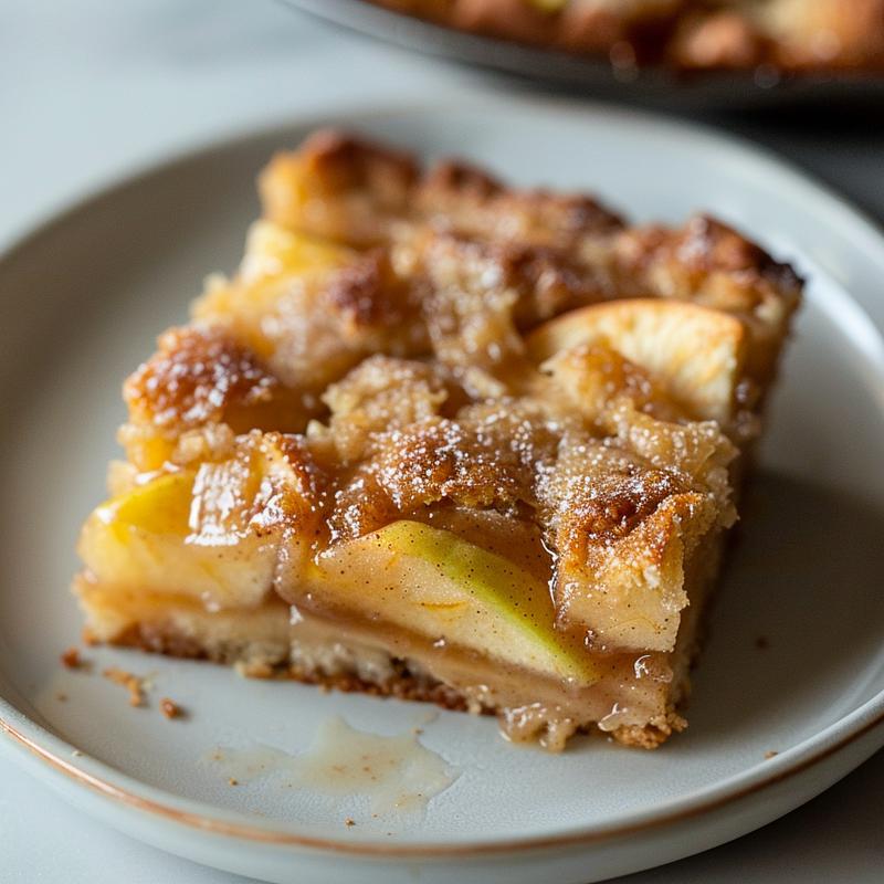 Close-up of a slice of apple dump cake on a light grey ceramic plate, showcasing its texture.