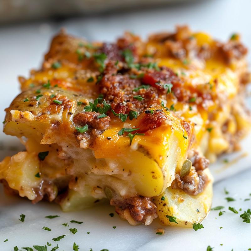 Close-up view of a creamy cowboy potato casserole topped with crispy golden edges on a marble surface.