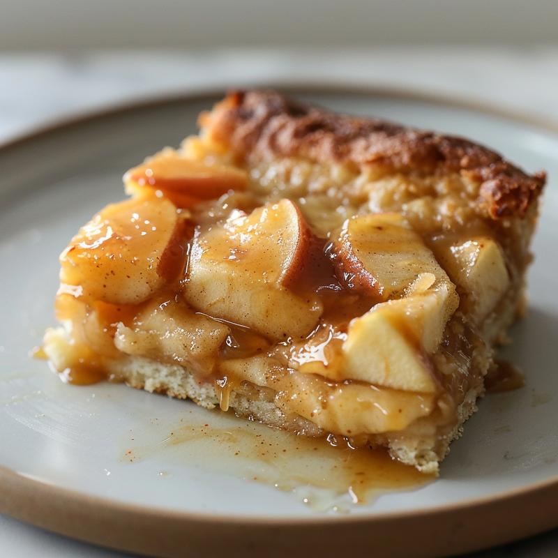 Close-up of a slice of warm caramel apple dump cake served on a plate.