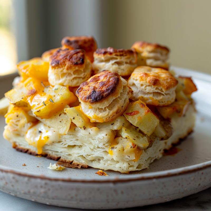 A close-up of a slice of apple dump cake on a light grey plate, showing its soft texture.
