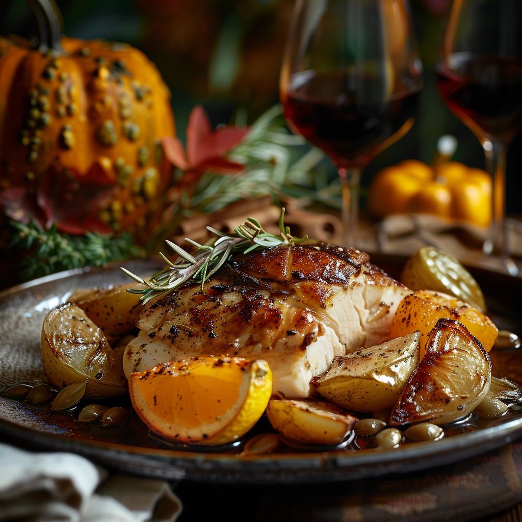 A beautifully arranged fall dinner table featuring assorted cozy dishes, with warm lighting and autumn decor.