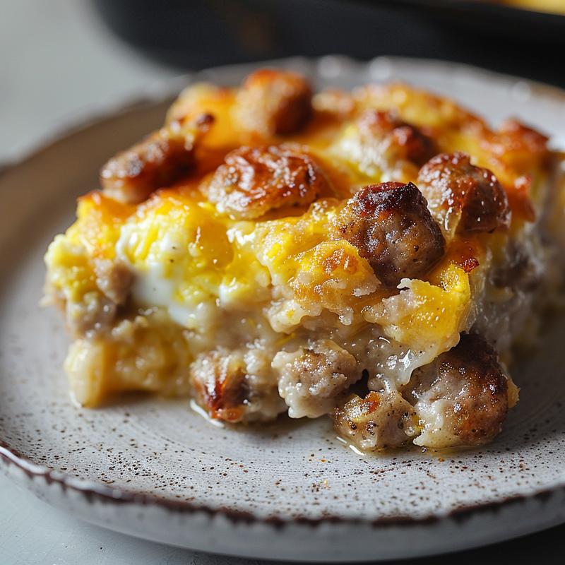Close-up of a cheesy hashbrown potato casserole with a golden, crispy top on a wooden board.