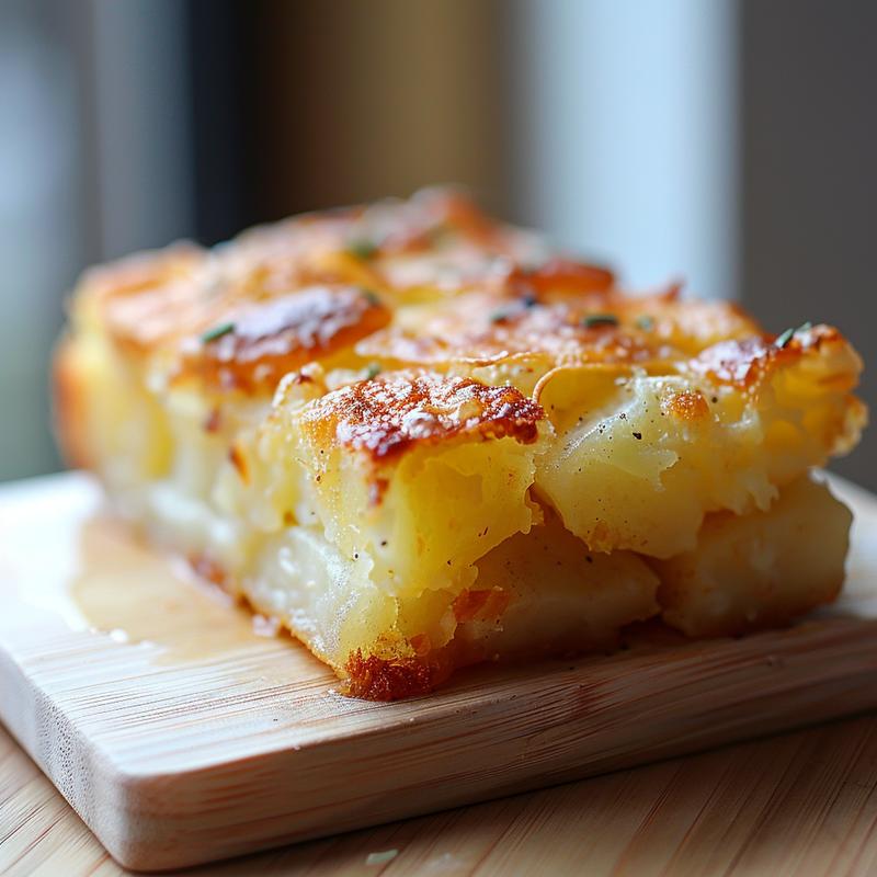 Close-up of a portion of crack breakfast casserole on a light wood board, showcasing its texture and layers.
