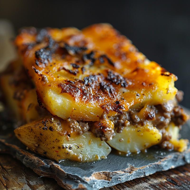 Close-up of a hearty hamburger potato casserole on a rustic slate plate, illuminated with dramatic lighting.