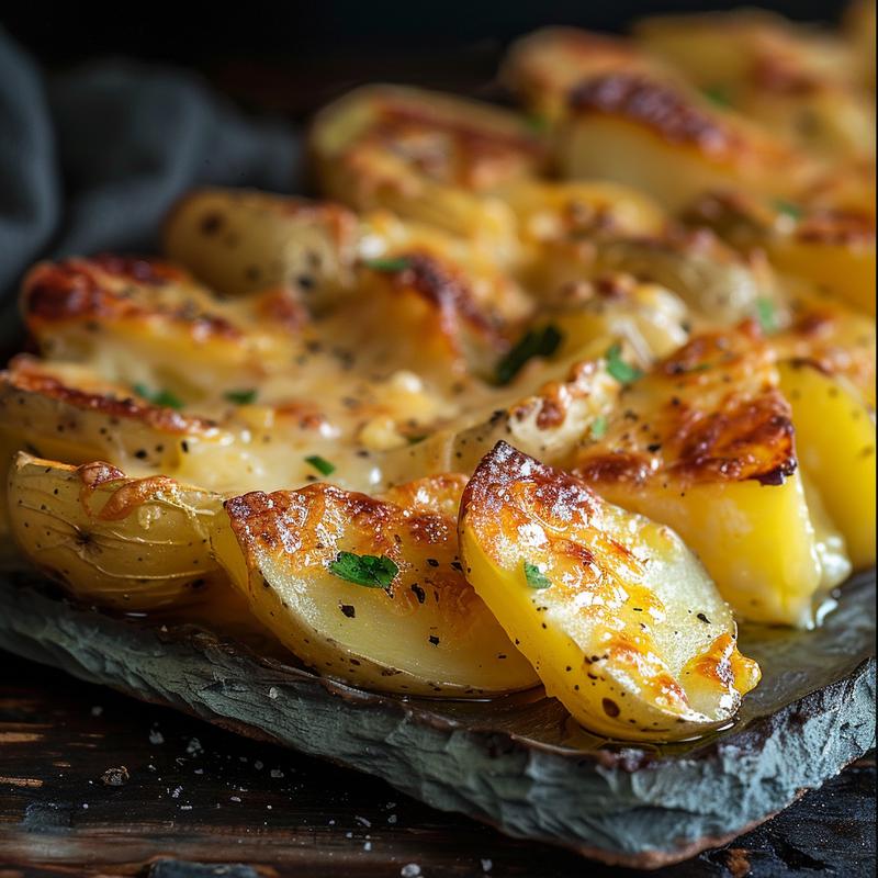 Close-up of creamy roasted garlic potatoes au gratin served on a rustic chipped slate plate.