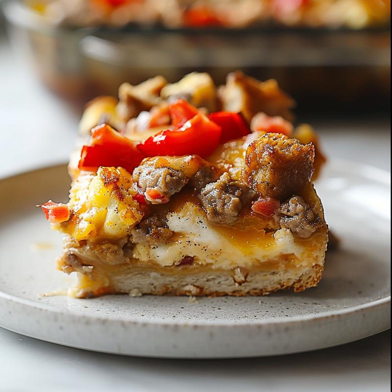 Close-up of a slice of apple dump cake on a light grey ceramic plate.