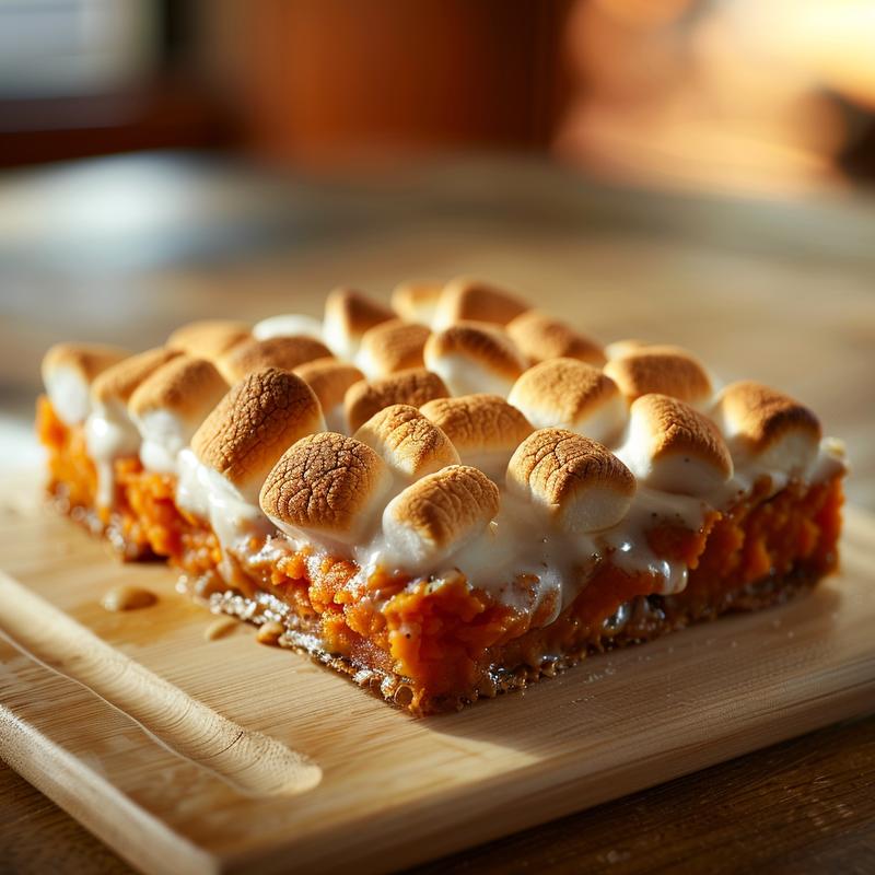 Close-up of a creamy sweet potato casserole topped with toasted marshmallows on a light wood board.