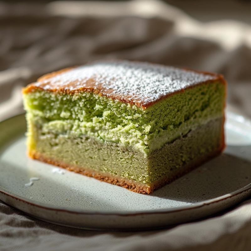 Close-up of a slice of green and white layer cake on a grey plate.