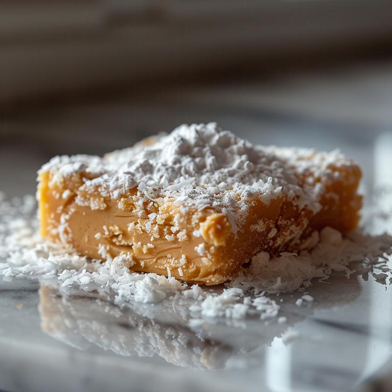 Close-up of Irish potato candy resembling small potatoes covered in coconut.