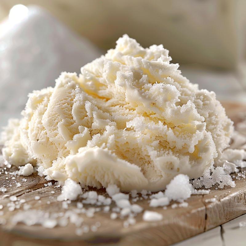 Close-up of white snow ice cream on a light wood board, minimal styling.