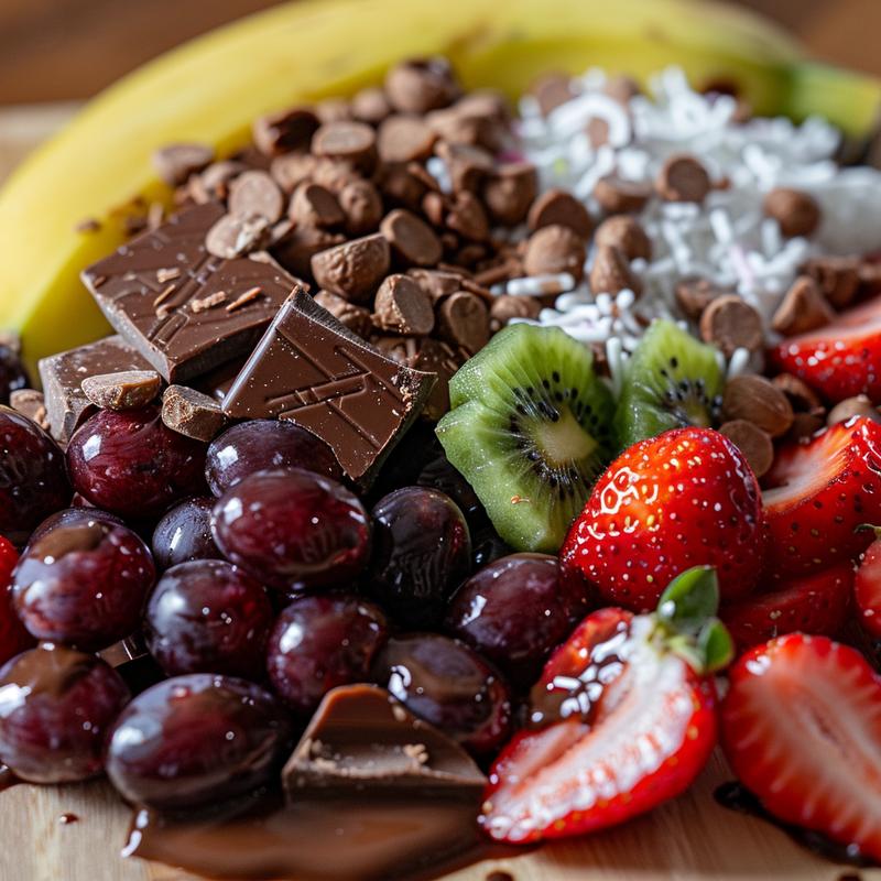 Close-up of chocolate-covered strawberries, bananas, grapes, and kiwi on a light wood board.
