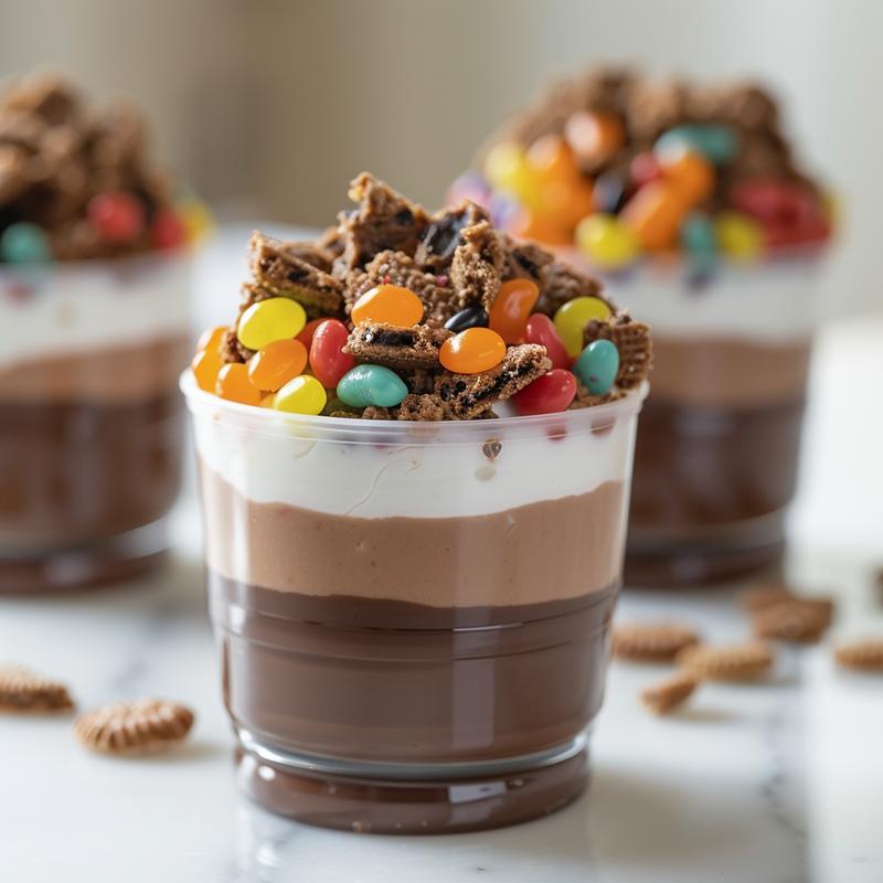 Close-up of Easter dirt cup dessert with cookie crumbs, pudding, whipped topping, and gummy worms.