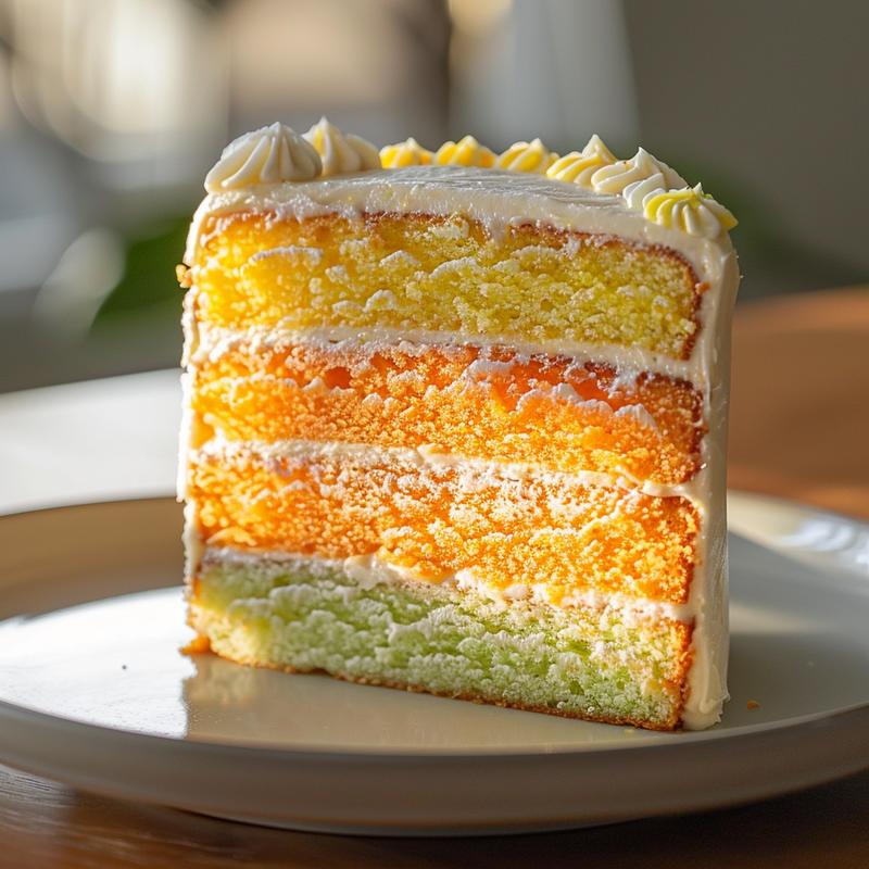 Slice of multi-colored frosted cake on grey plate.