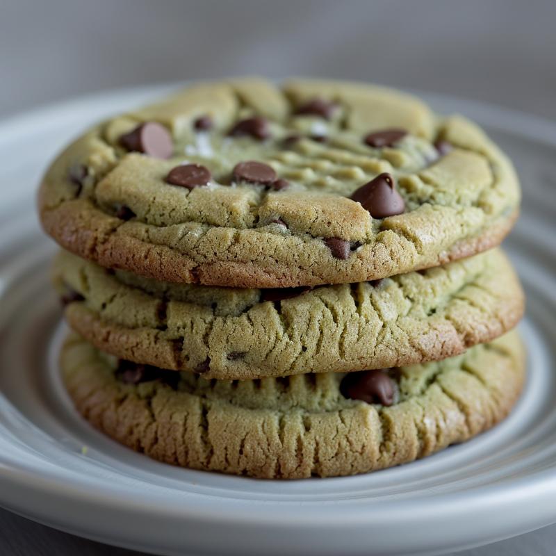 Stack of three green chocolate chip cookies on a light grey plate.