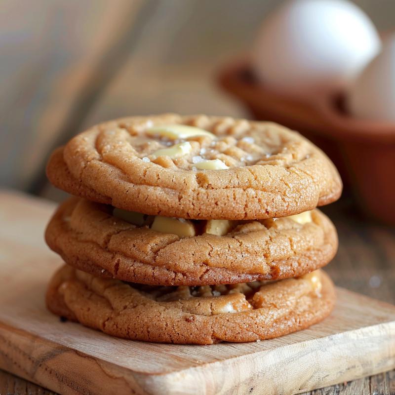 Stack of three homemade cookies on a wooden board.
