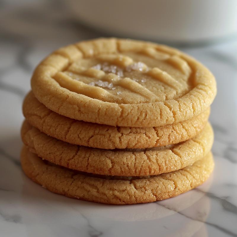 Stack of three sugar cookies on a white marble surface.