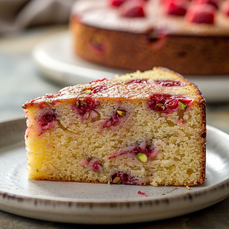 Close-up of a slice of pistachio raspberry cake on a light grey plate.