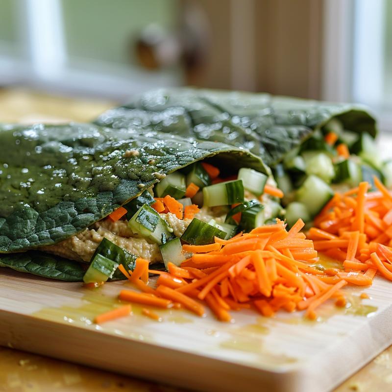 Close-up of veggie wraps with hummus on wood.