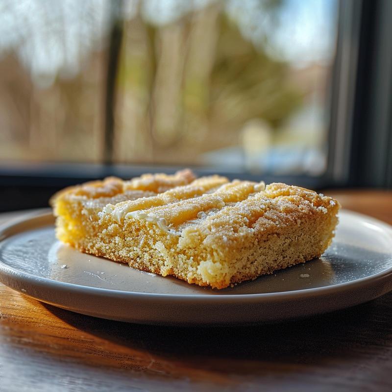 Close-up of a lemon cake mix cookie slice on a grey plate.