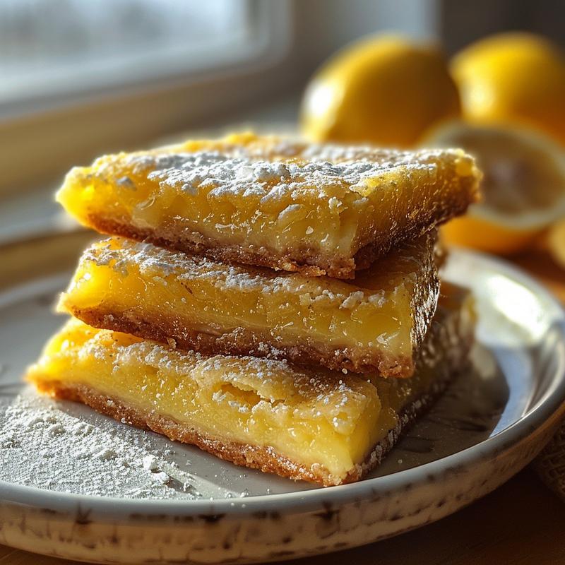 Three lemon bar cookies stacked on a light gray plate.