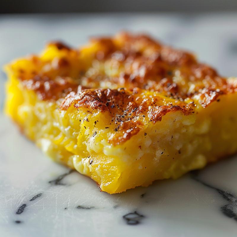 Close-up of a portion of yellow squash casserole on a marble surface.