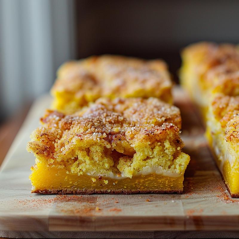 A close-up of a serving of cornbread squash casserole on a light wooden board.
