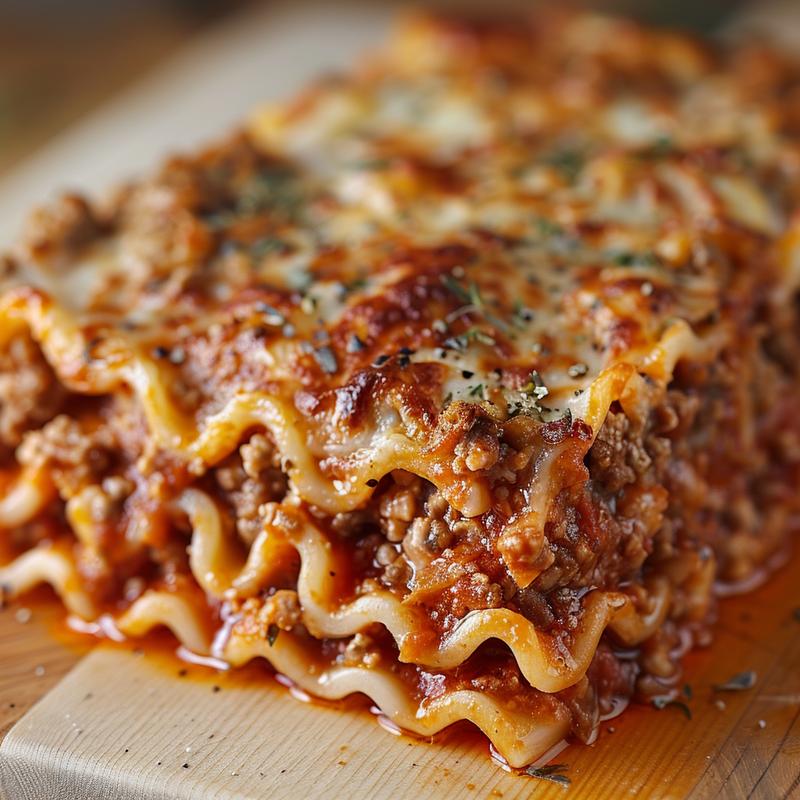 Close-up of a delicious portion of mixed up lasagna on a light wood board.