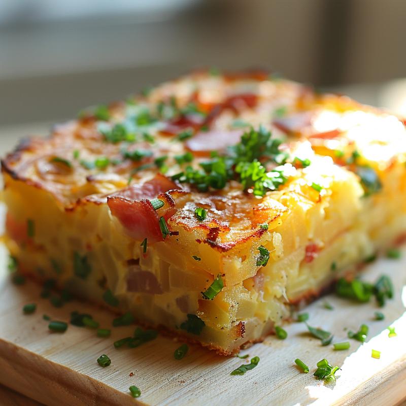 A close-up view of a fluffy croissant breakfast casserole on a wooden board, showcasing its golden-brown top and rich, creamy filling.