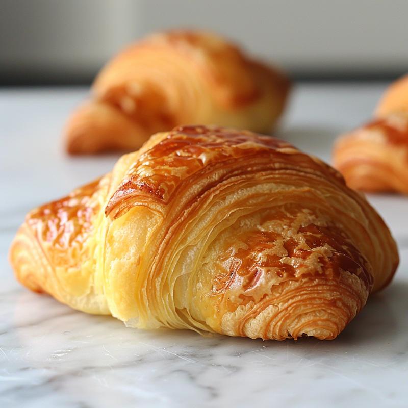 Close-up of a flaky croissant sitting beside a cannelé on a white marble surface.