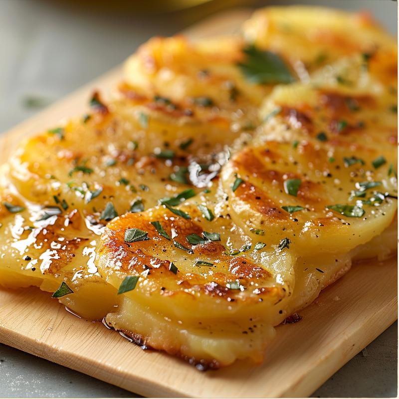 Close-up of creamy crock pot au gratin potatoes on a wooden board.