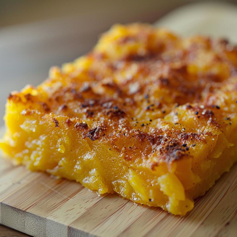 Close-up of a creamy squash casserole on a light wood board, showcasing its texture.