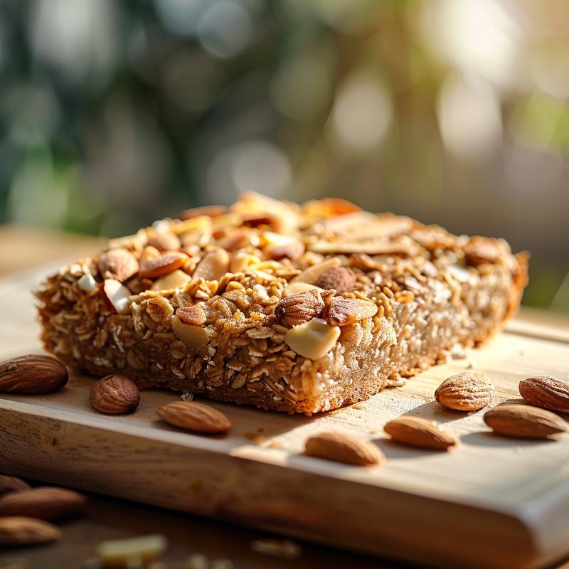 Close-up of almond croissant baked oats on a light wood board with soft shadows.