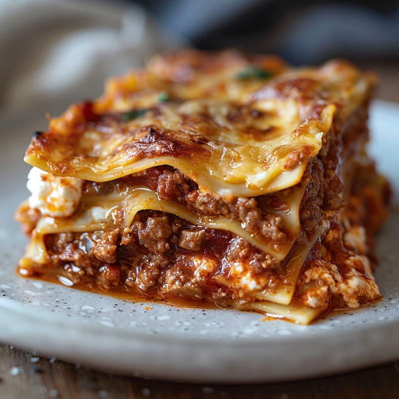 A close-up of a portion of lasagna casserole featuring layers of pasta, ricotta cheese, and sauce on a light grey ceramic plate.