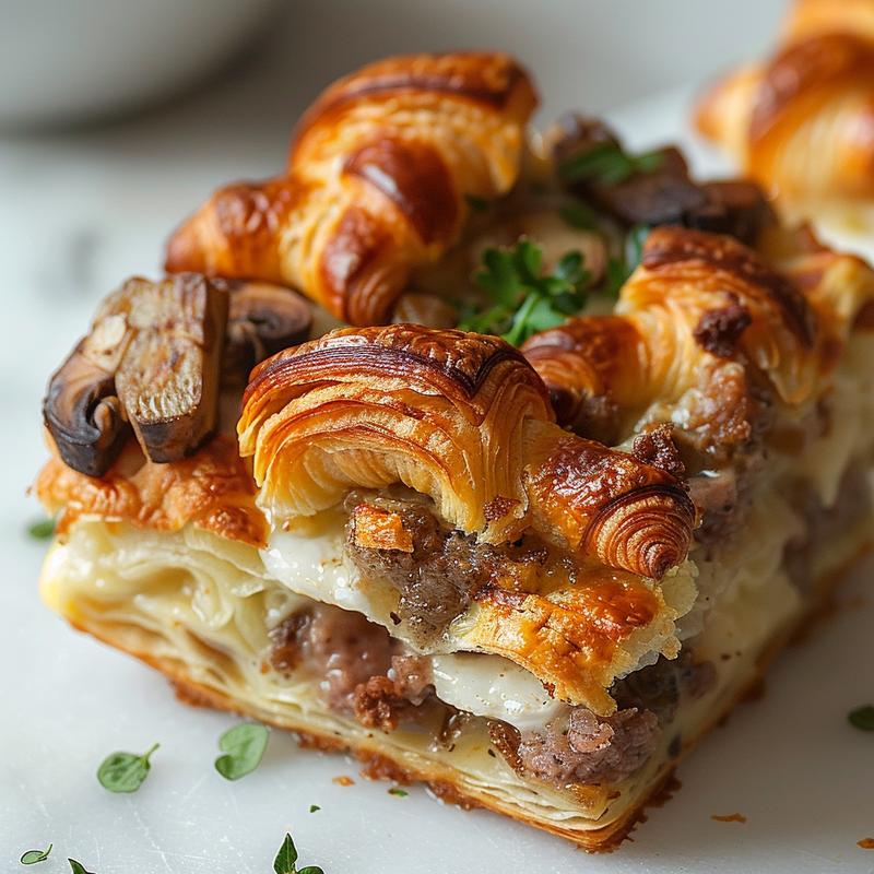 A close-up of a delicious breakfast strata with croissants on a white marble surface.