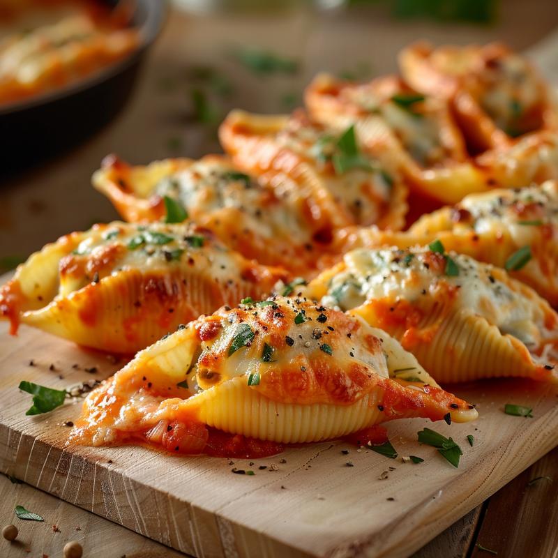 Close-up of stuffed shells filled with cheese and herbs, displayed on a light wood board.