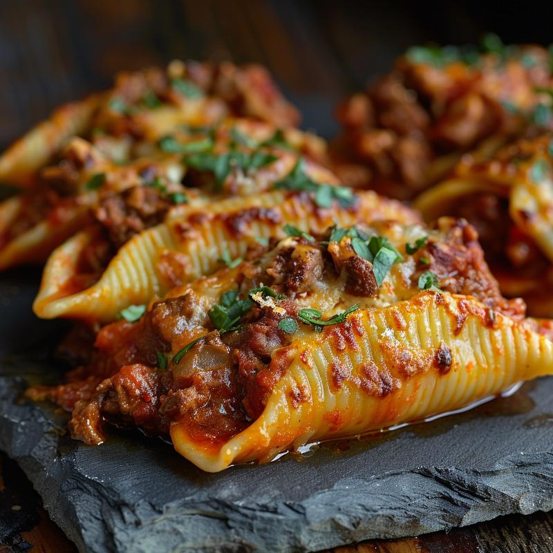 Close-up of beef stuffed pasta shells with creamy ricotta filling on a rustic slate plate.