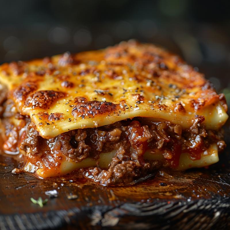 Close-up of cheesy beef manicotti bake on a wooden table with dramatic shadows.