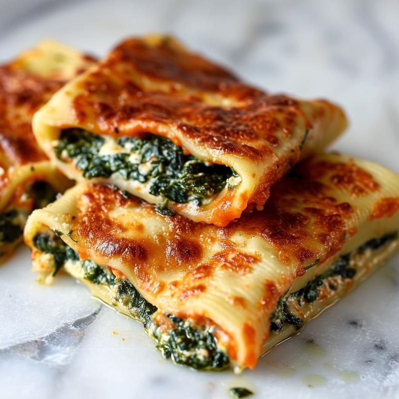 Close-up of spinach and cheese stuffed manicotti on a marble surface.