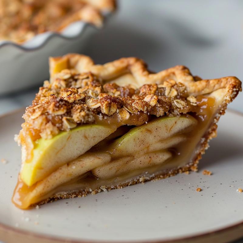 Close-up of a slice of caramel apple crisp pie on a white plate with a marble background.