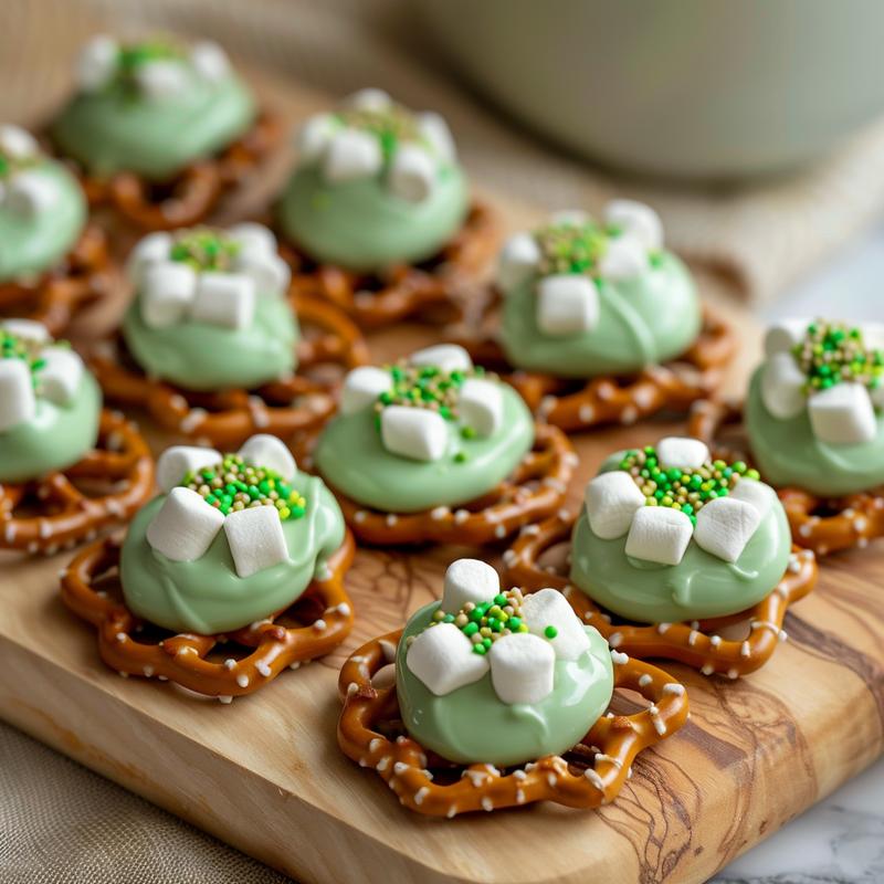 Close-up of green-coated pretzels with sprinkles and marshmallows.