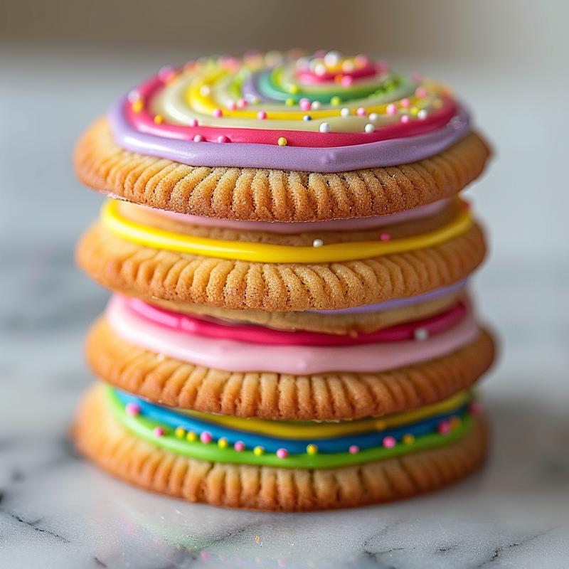 Stack of three tulip-shaped cookies decorated with colorful icing.