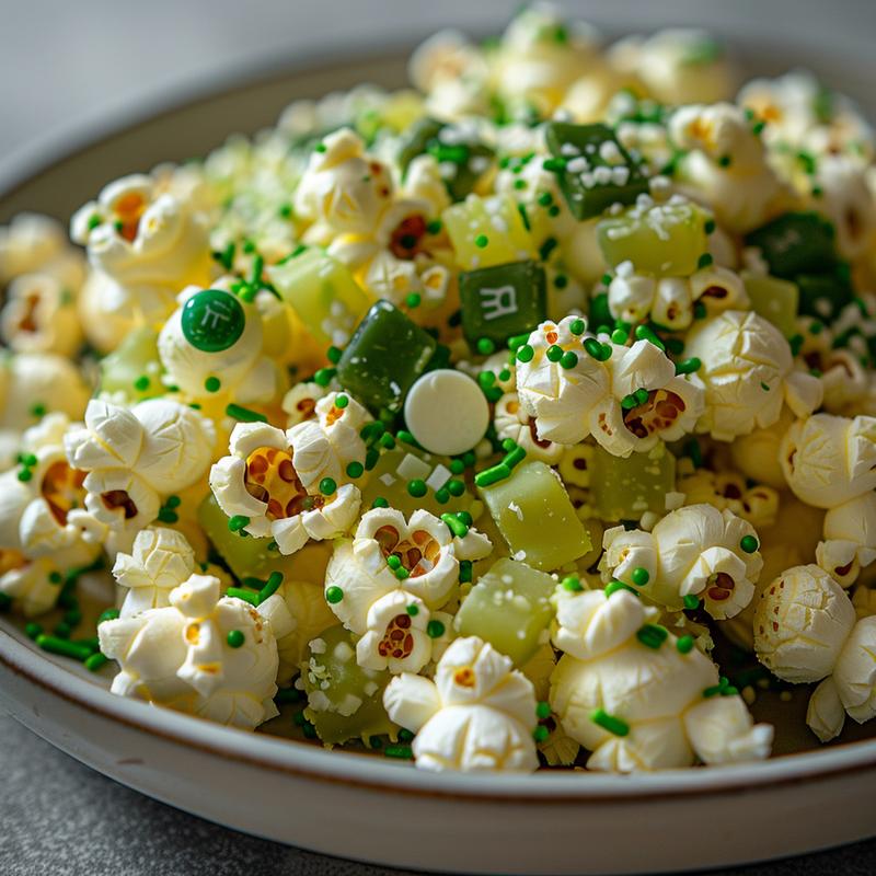 Close-up of St. Patrick's Day popcorn mix with green candies and white chocolate.
