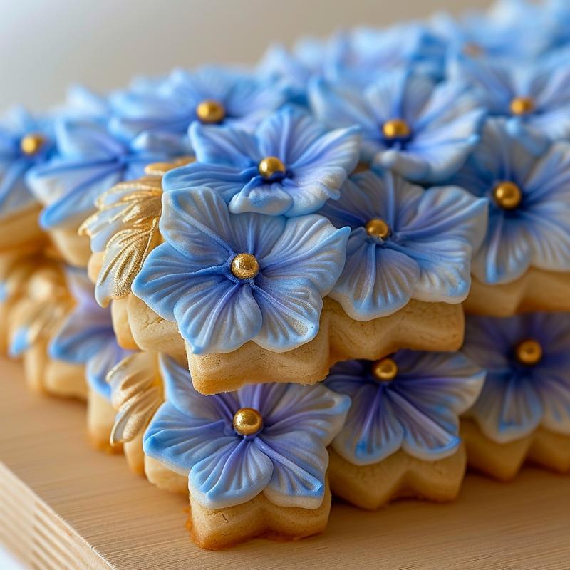 Three hydrangea sugar cookies, blue and gold, stacked on light wood.