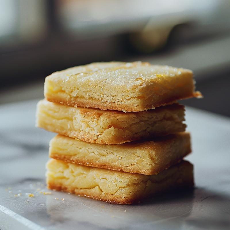Stack of three lemon curd shortbread cookies on white marble.