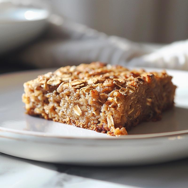 Close-up of a slice of baked oats blended oatmeal cake on a white marble plate.