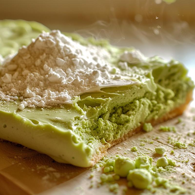 Close-up of bright green, fluffy Dr. Seuss-themed food on light wood.