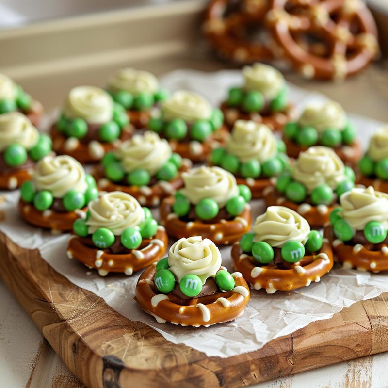 Close-up of green-tinted chocolate pretzel bites with ham pieces.